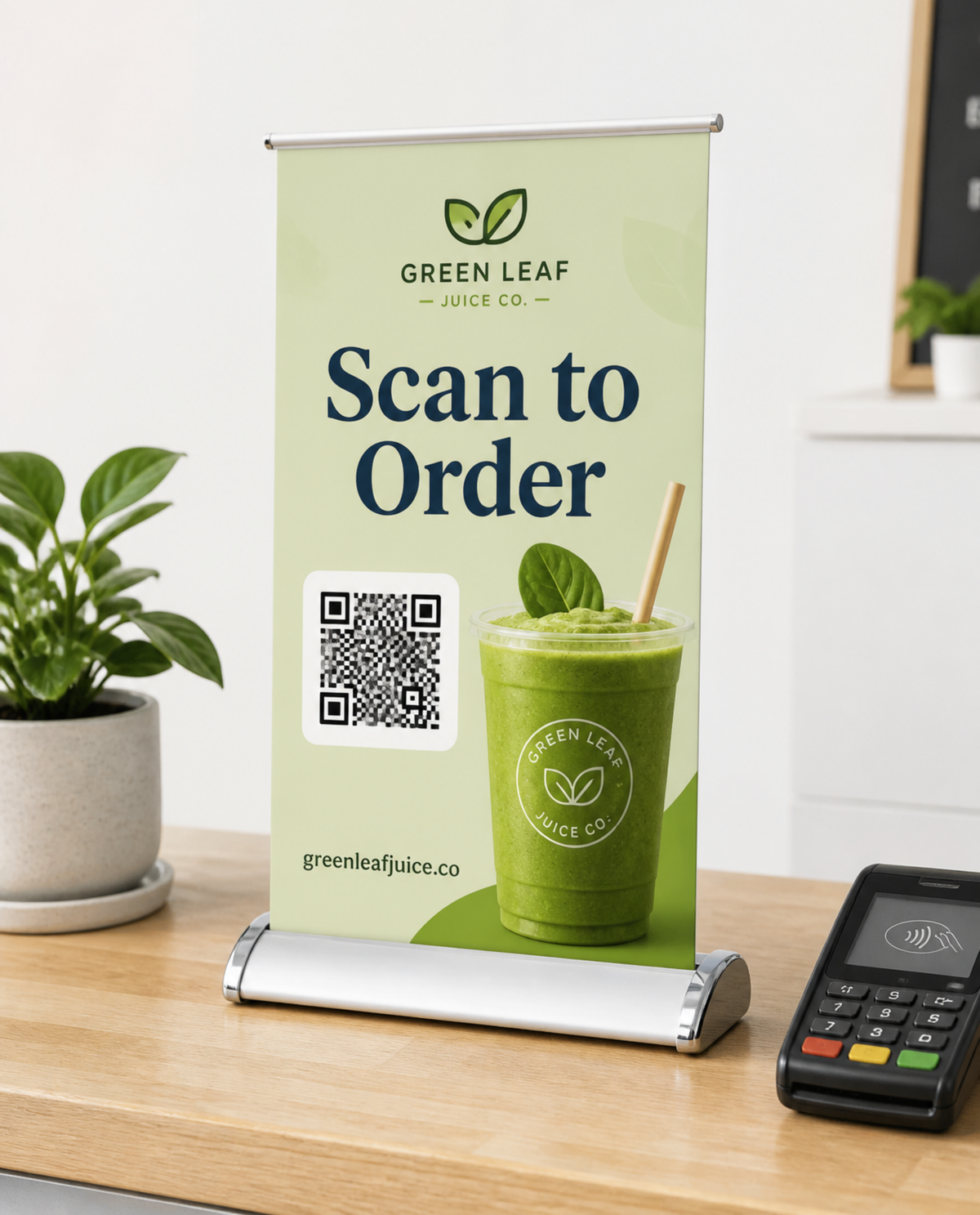 Custom tabletop mini retractable banner stand on a counter