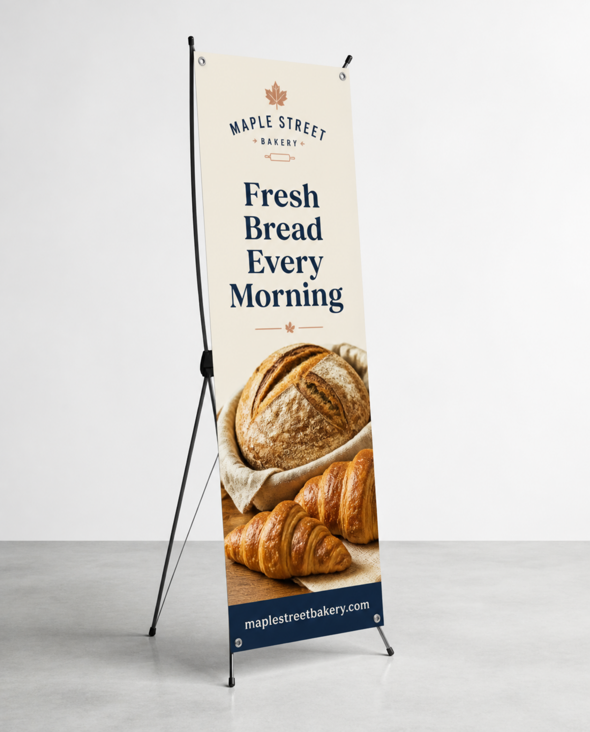 Custom X-banner stand with grommeted vinyl banner