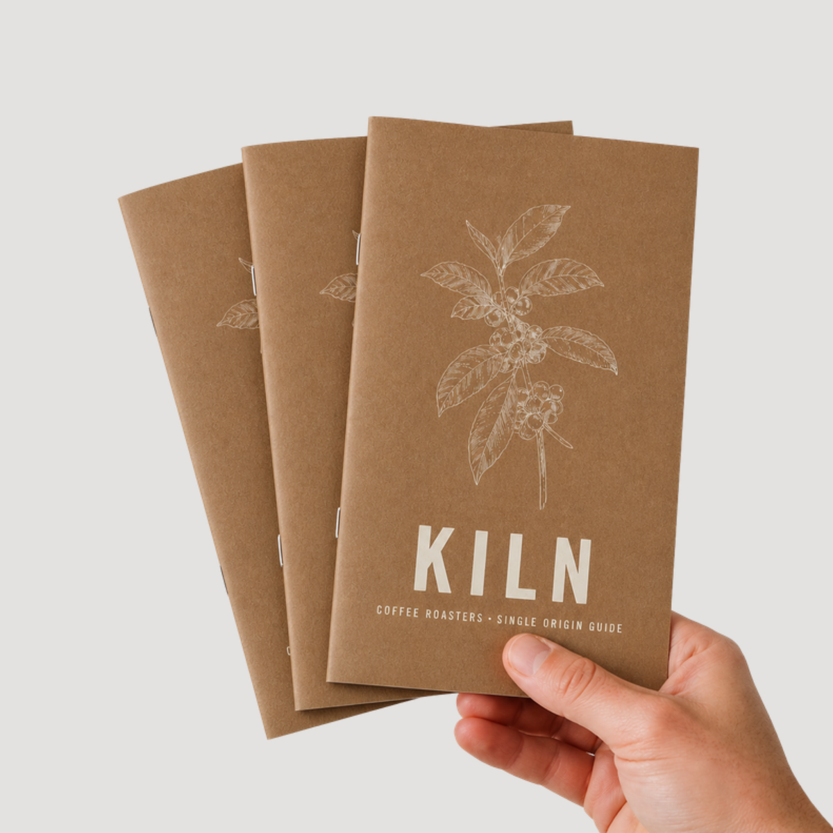 A5 saddle-stitched all-cardstock booklet held in hand
