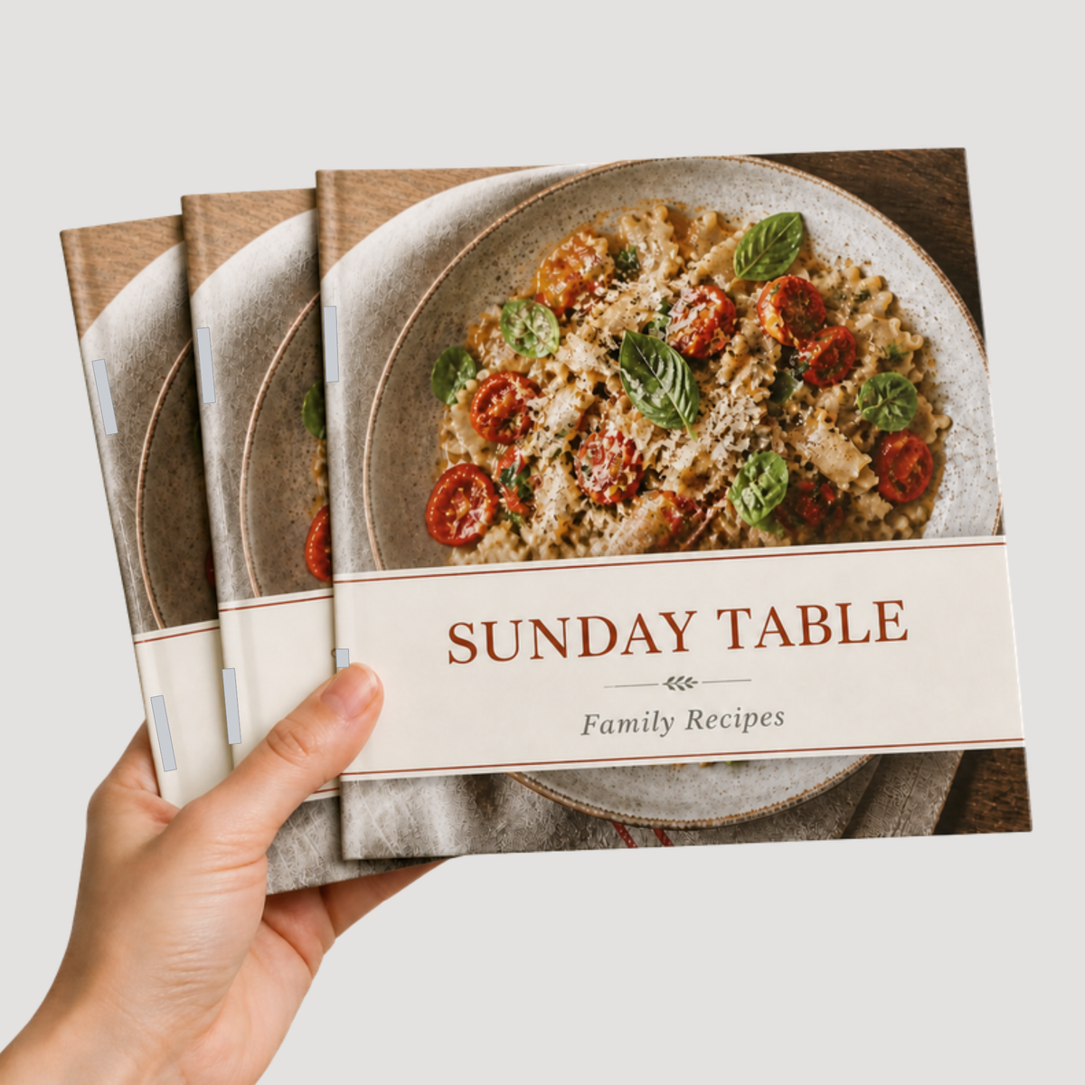 8.5 x 8.5 saddle-stitched all-cardstock booklet held in hand