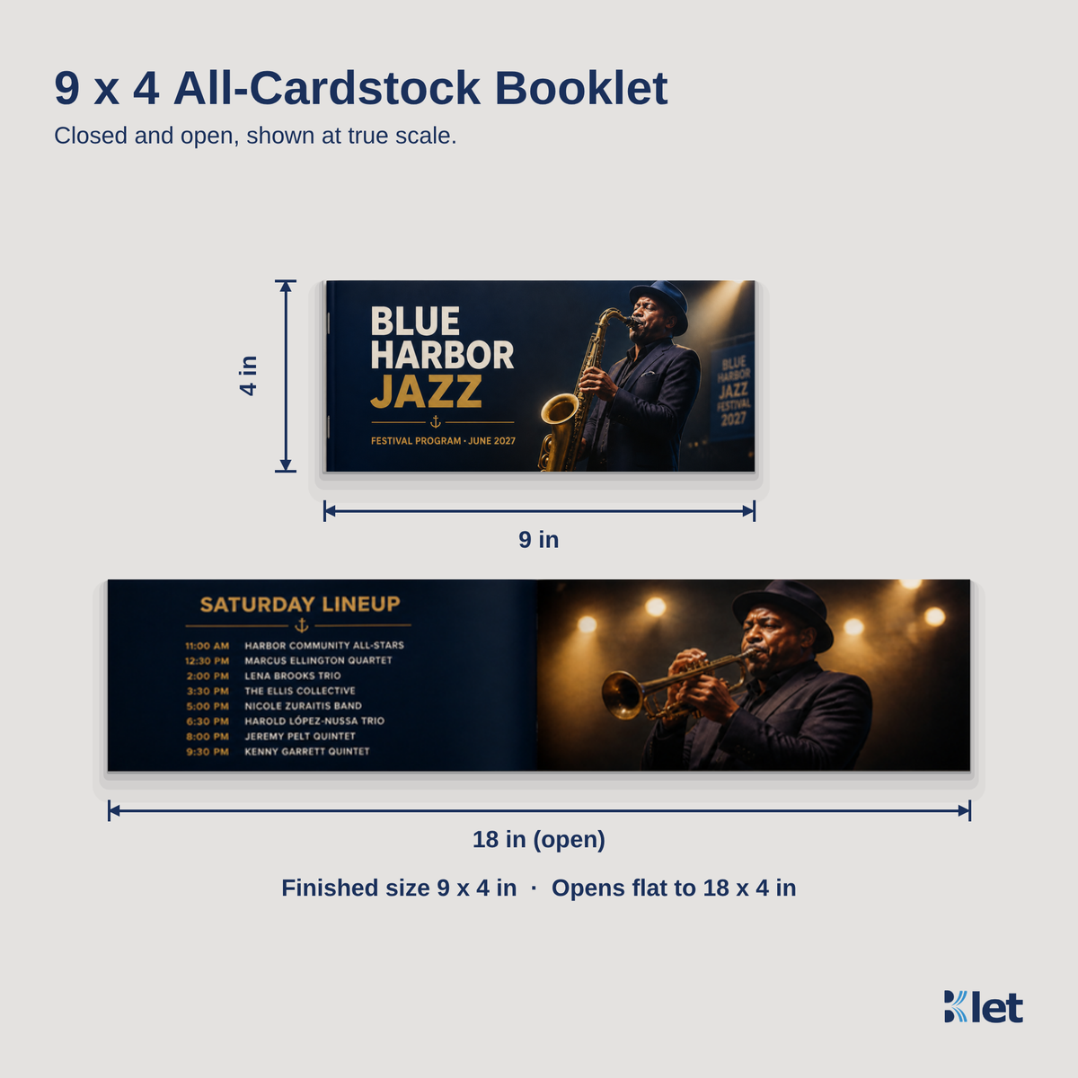 9 x 4 all-cardstock booklet size guide with closed and open dimensions