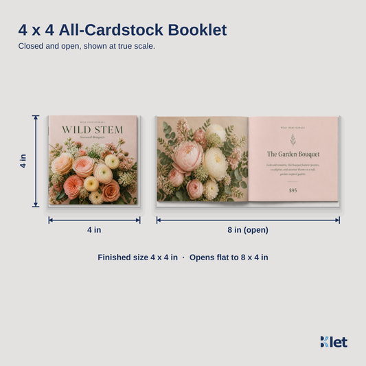 4 x 4 all-cardstock booklet size guide with closed and open dimensions