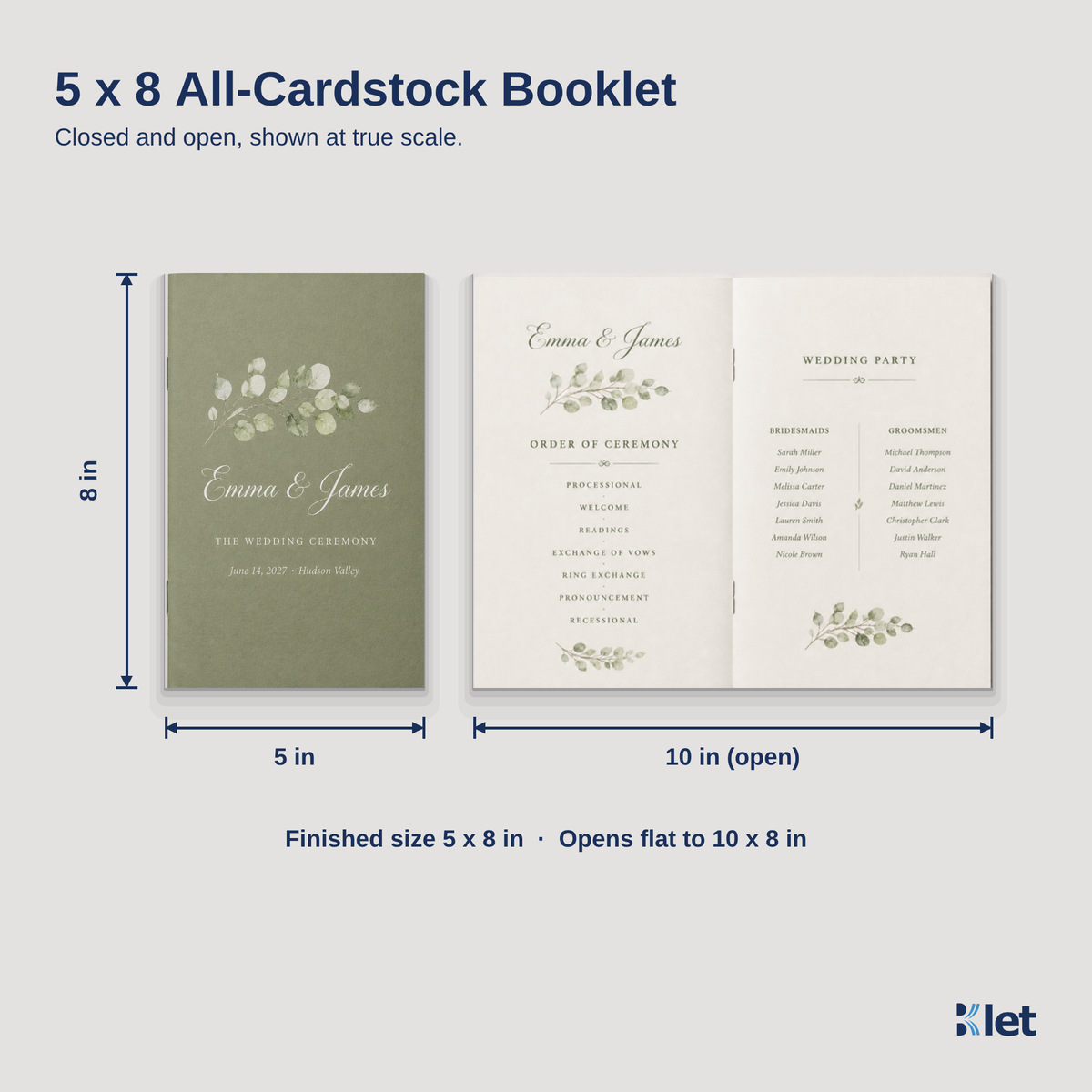 5 x 8 all-cardstock booklet size guide with closed and open dimensions