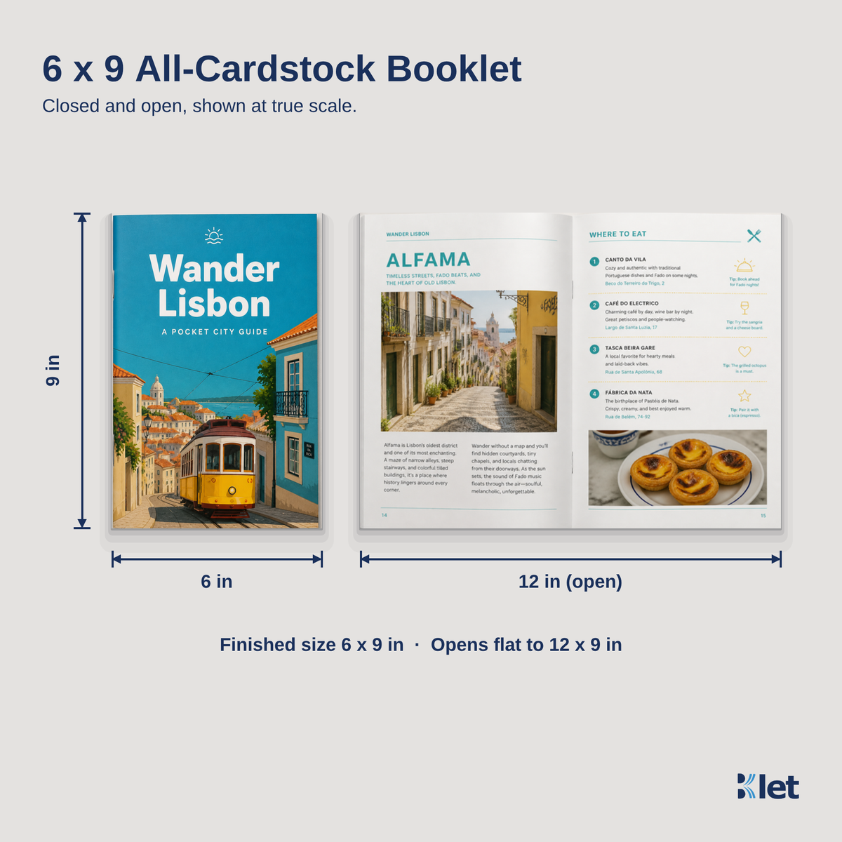 6 x 9 all-cardstock booklet size guide with closed and open dimensions