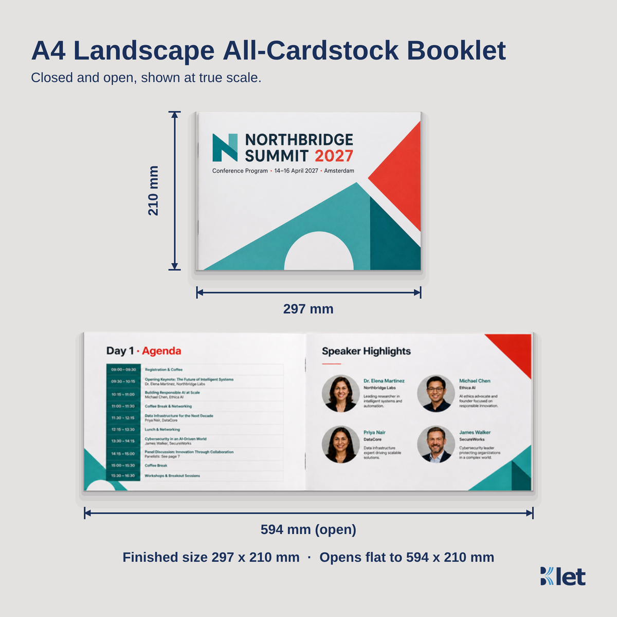 A4 landscape all-cardstock booklet size guide with closed and open dimensions