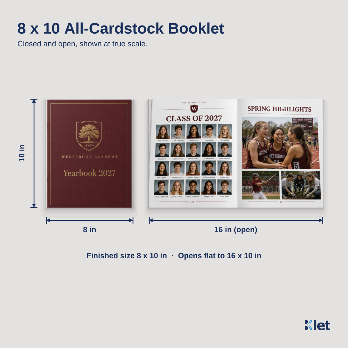 8 x 10 all-cardstock booklet size guide with closed and open dimensions