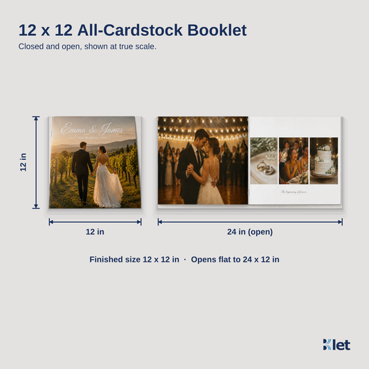12 x 12 all-cardstock booklet size guide with closed and open dimensions