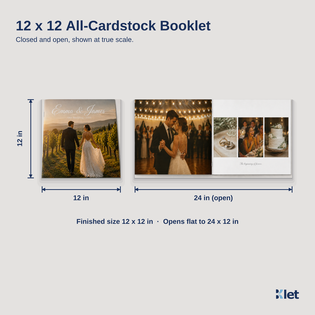12 x 12 all-cardstock booklet size guide with closed and open dimensions