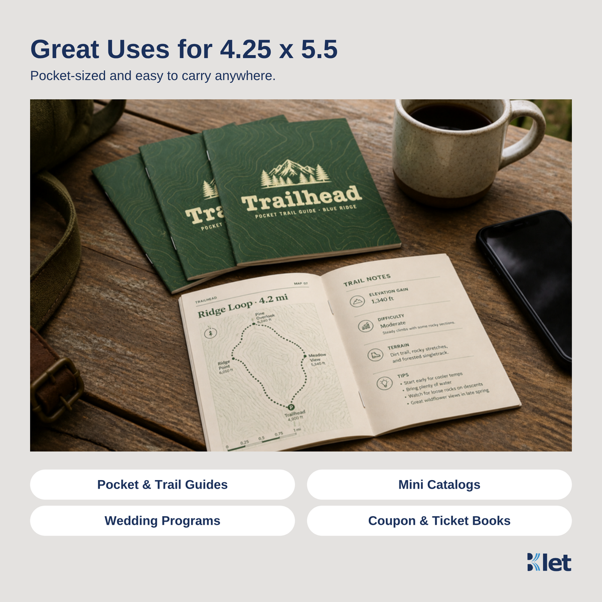 Great uses for 4.25 x 5.5 saddle-stitched all-cardstock booklets