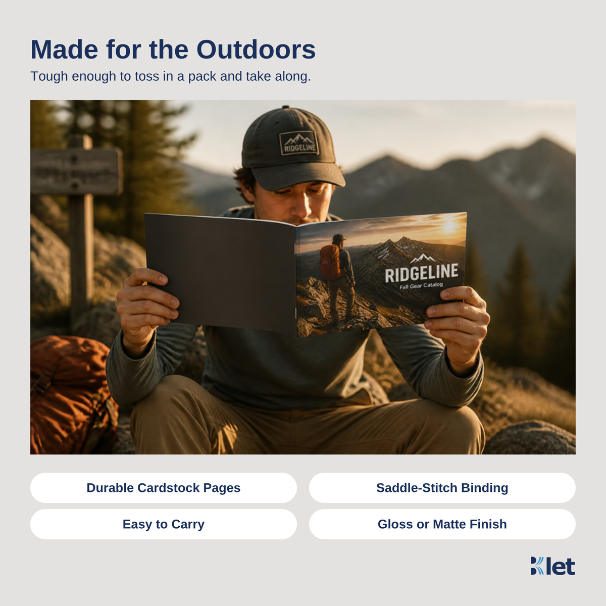 People reading an open 8.5 x 5.5 saddle-stitched all-cardstock booklet