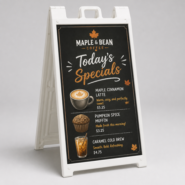 Custom A-frame sidewalk sign with printed menu