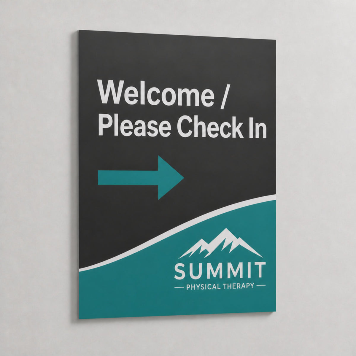 Portrait PVC check-in sign mounted flush on a wall