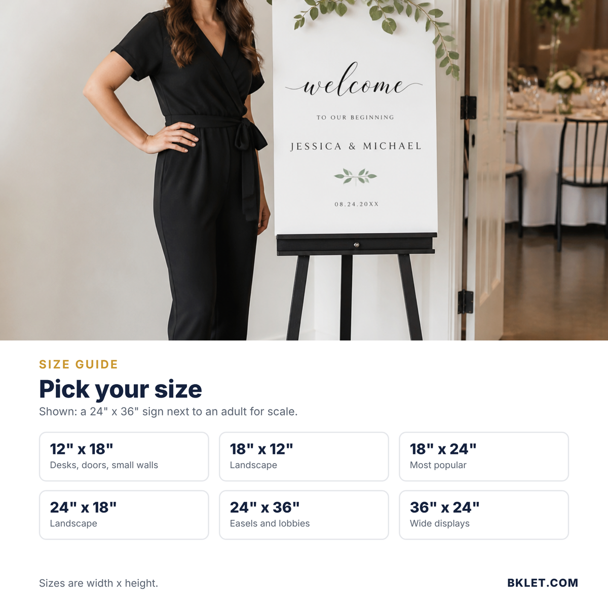 Sign size guide with an adult for scale