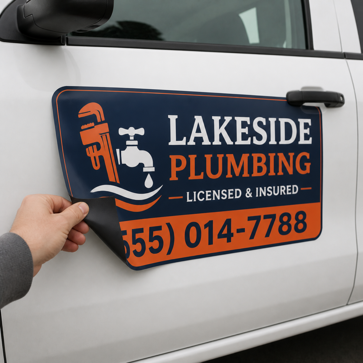 Lakeside Plumbing car magnet peeling off a truck door