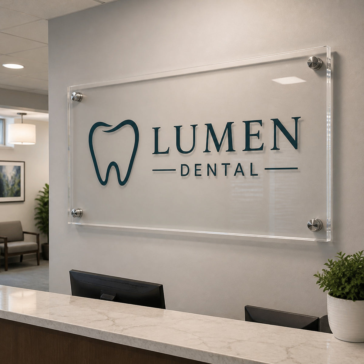 Acrylic lobby sign with chrome standoffs