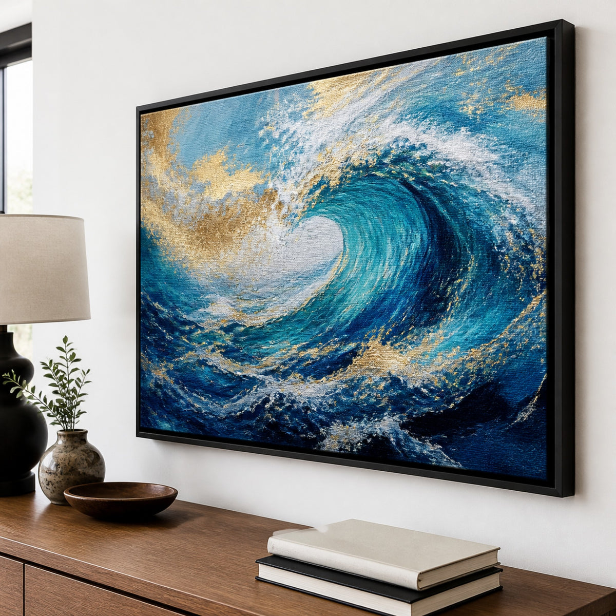 Floating-frame canvas print over a console