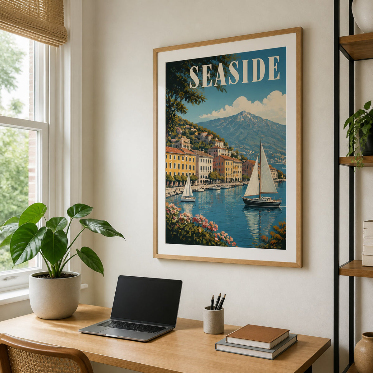 Wood-look framed print in a home office