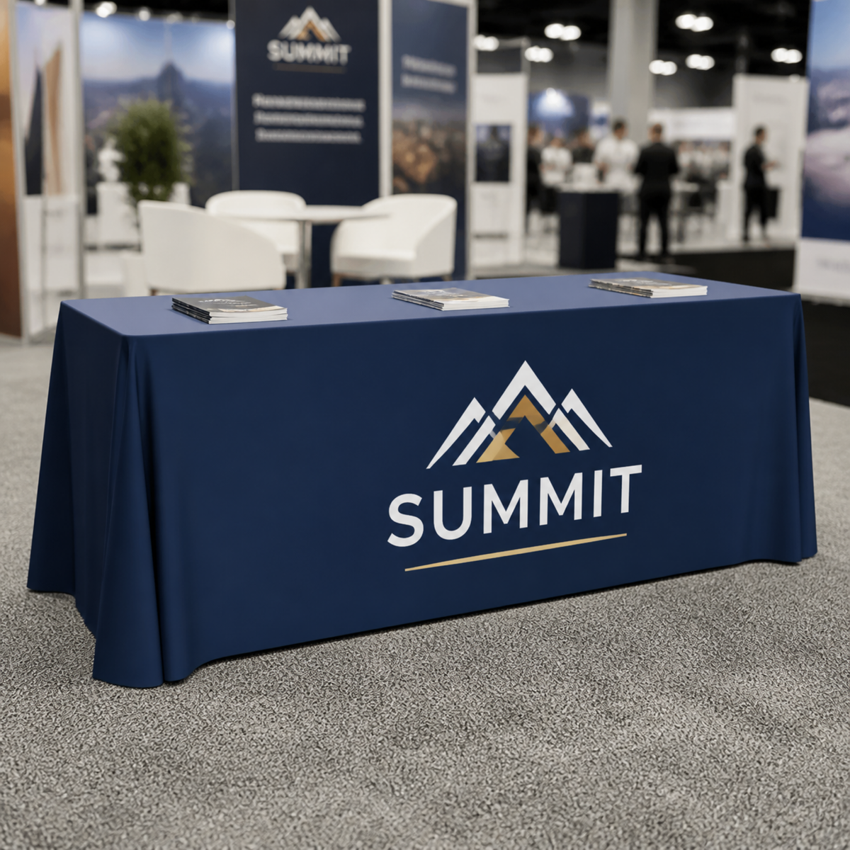 Custom printed table throw on a 6 ft trade show table