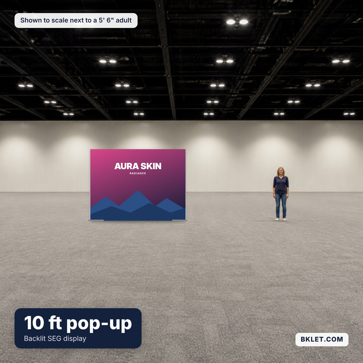 Pop-Up Frame 10 ft shown to scale next to an adult