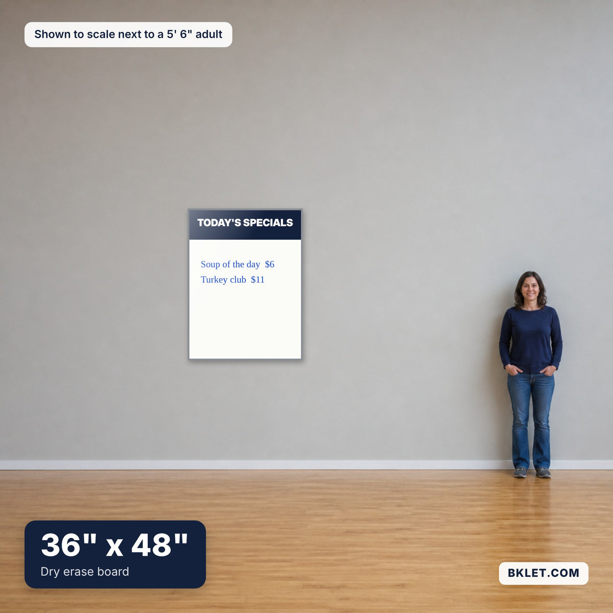 36" x 48" shown to scale next to an adult