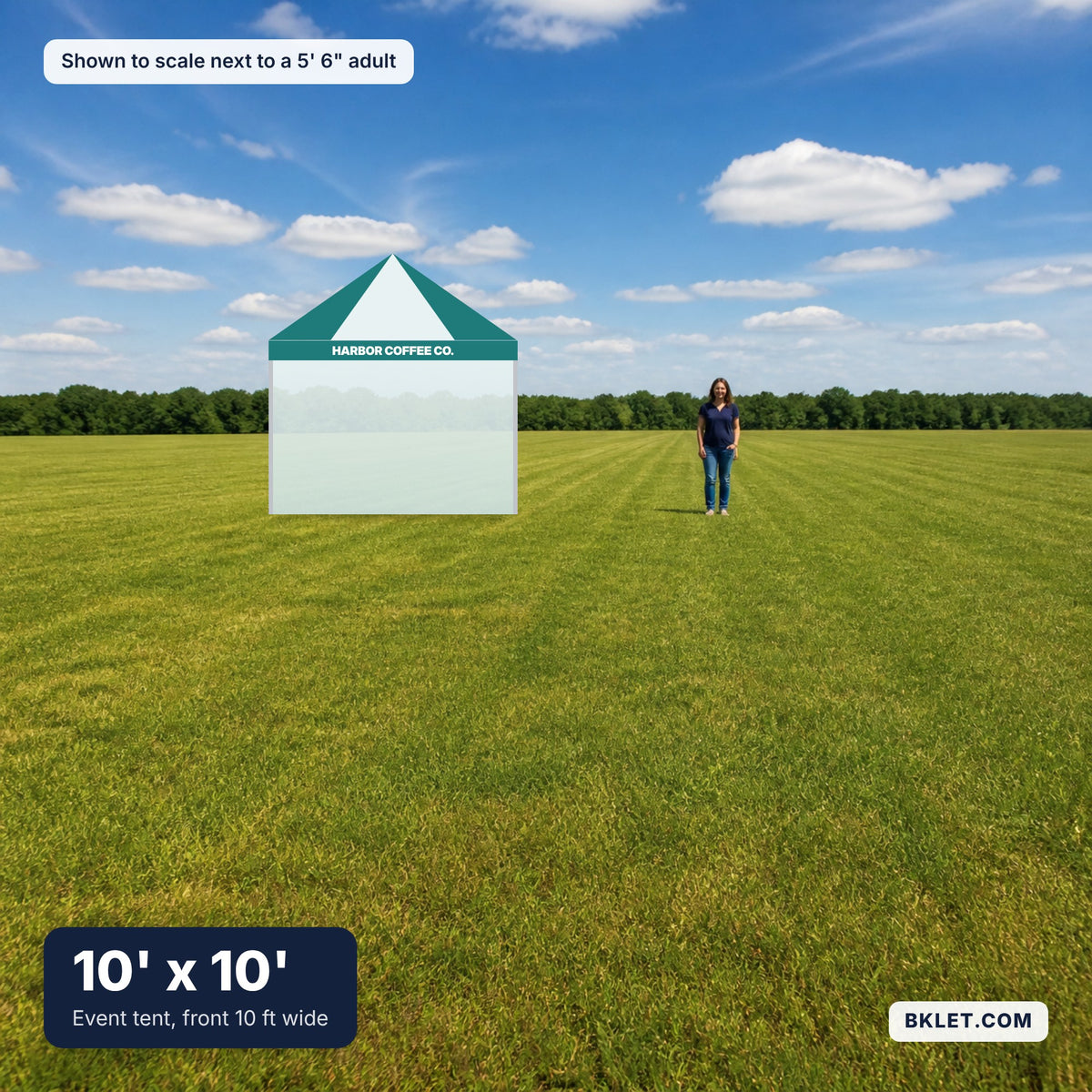 10' x 10' shown to scale next to an adult