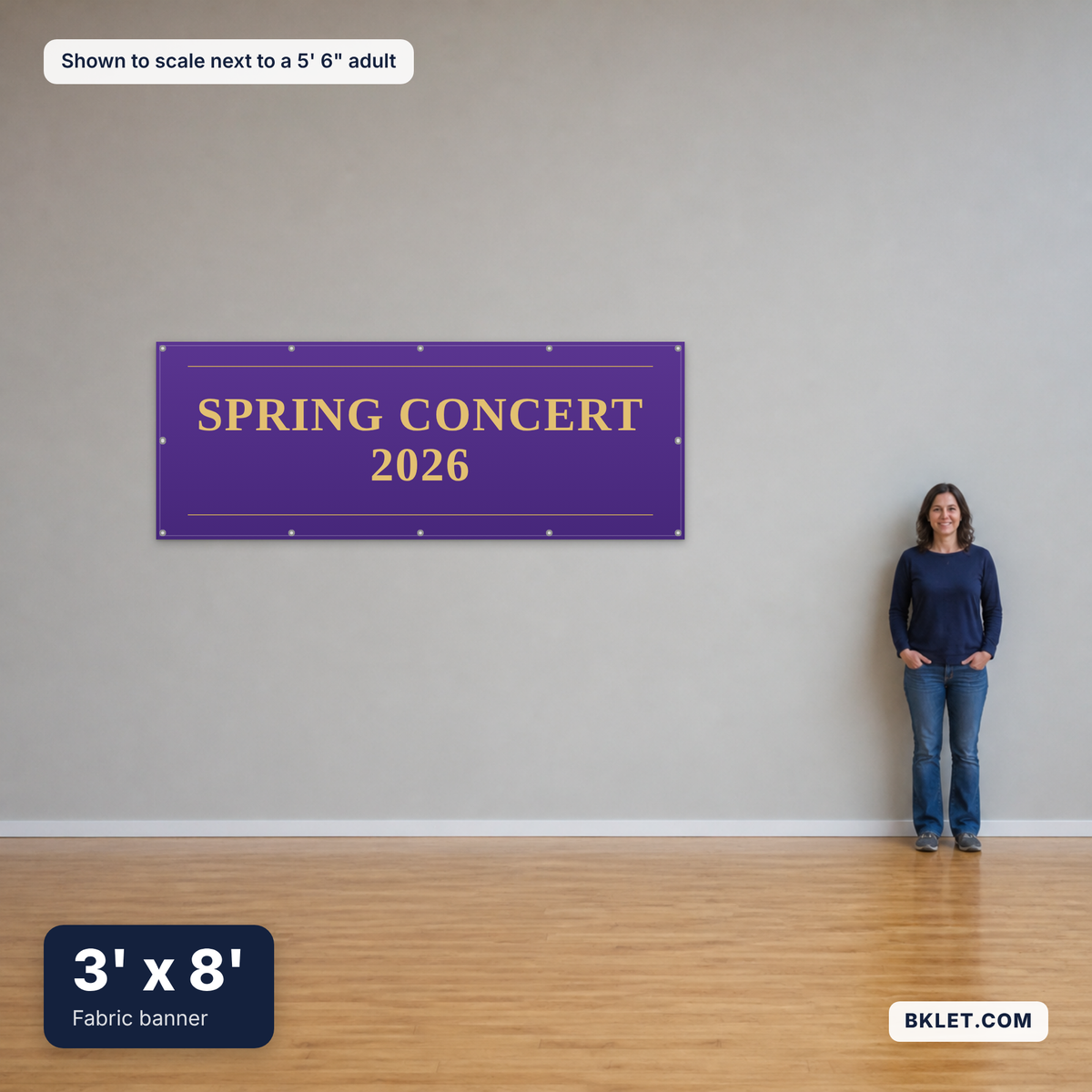 Fabric banner, 3' x 8', shown to scale next to an adult