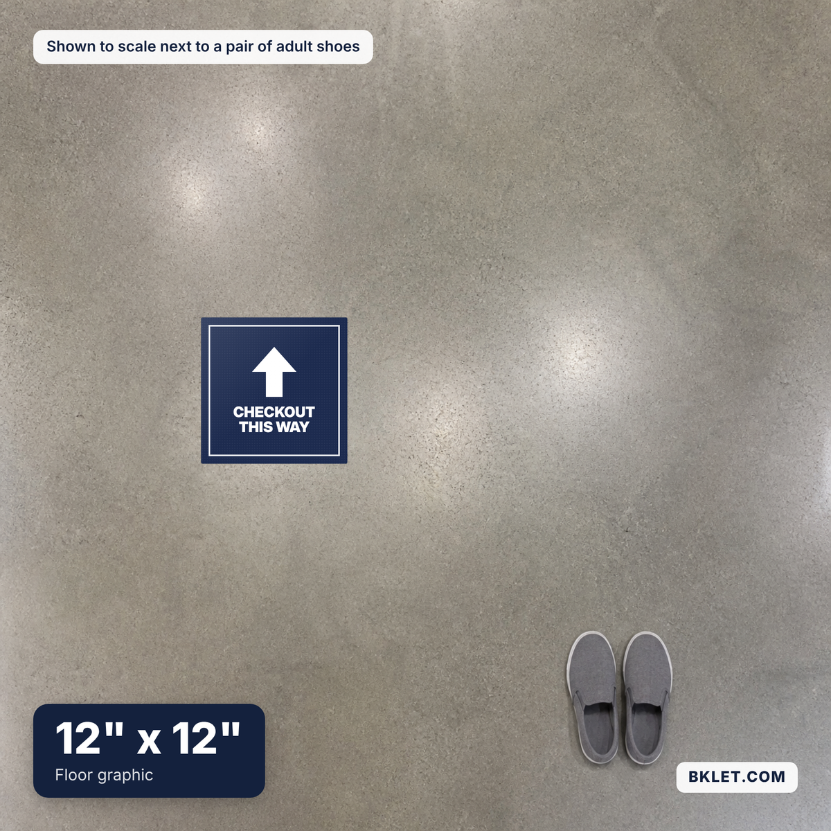 Floor graphic, 12" x 12", shown to scale next to adult shoes