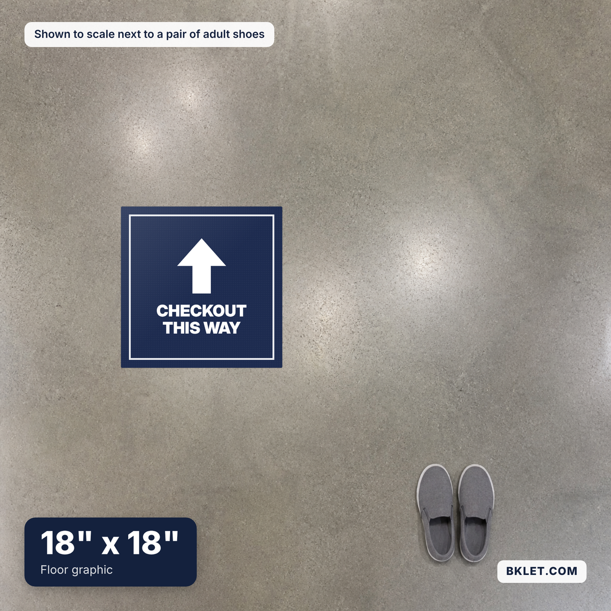 Floor graphic, 18" x 18", shown to scale next to adult shoes