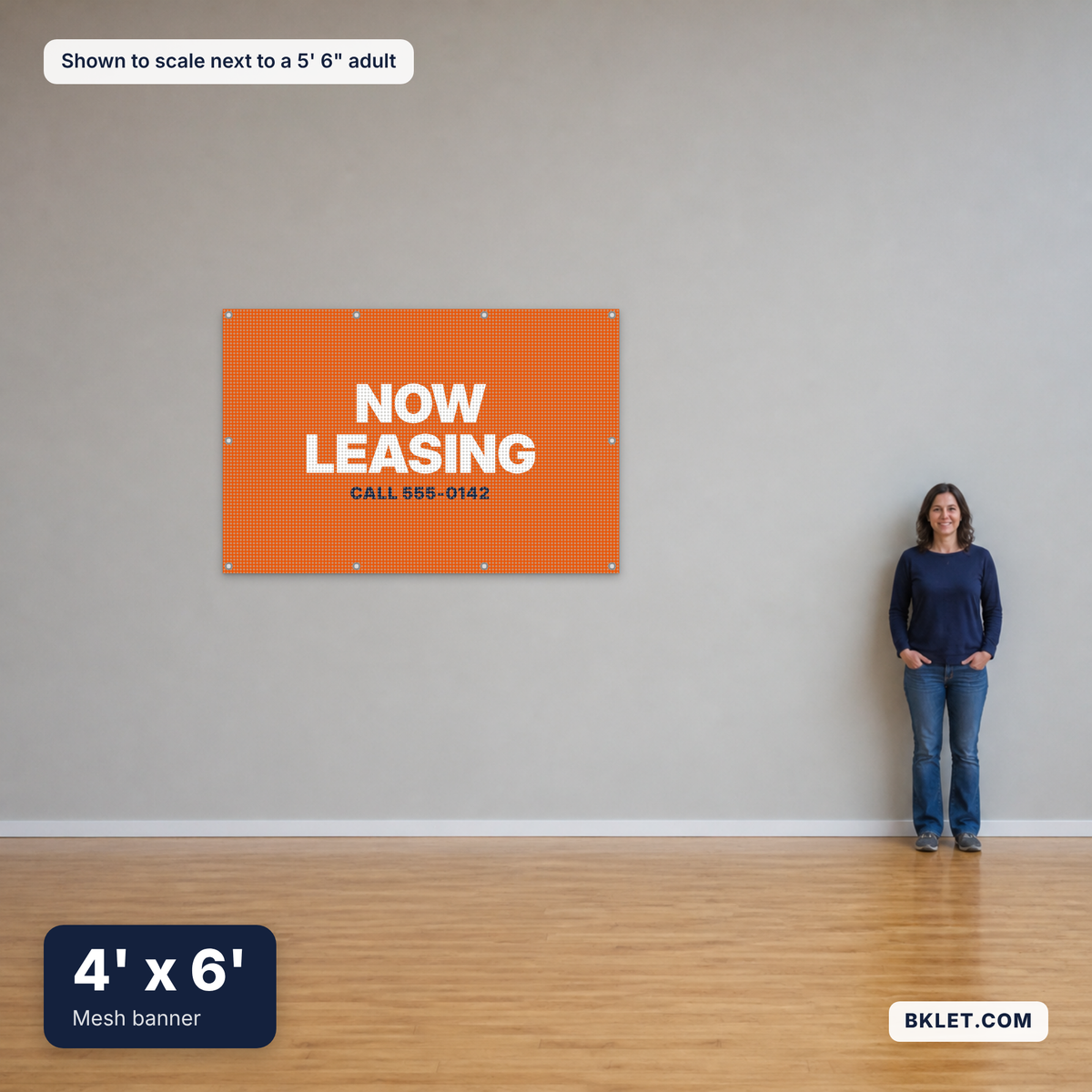 Mesh banner, 4' x 6', shown to scale next to an adult