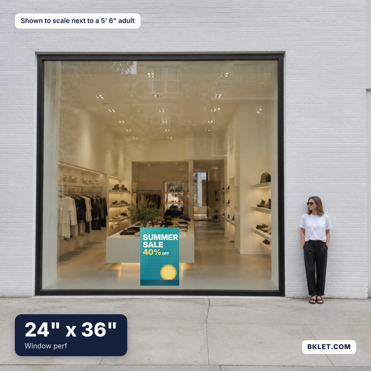 Window perf, 24" x 36", shown to scale next to an adult