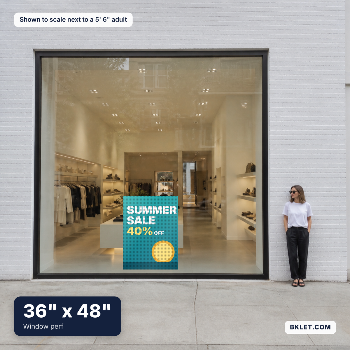 Window perf, 36" x 48", shown to scale next to an adult