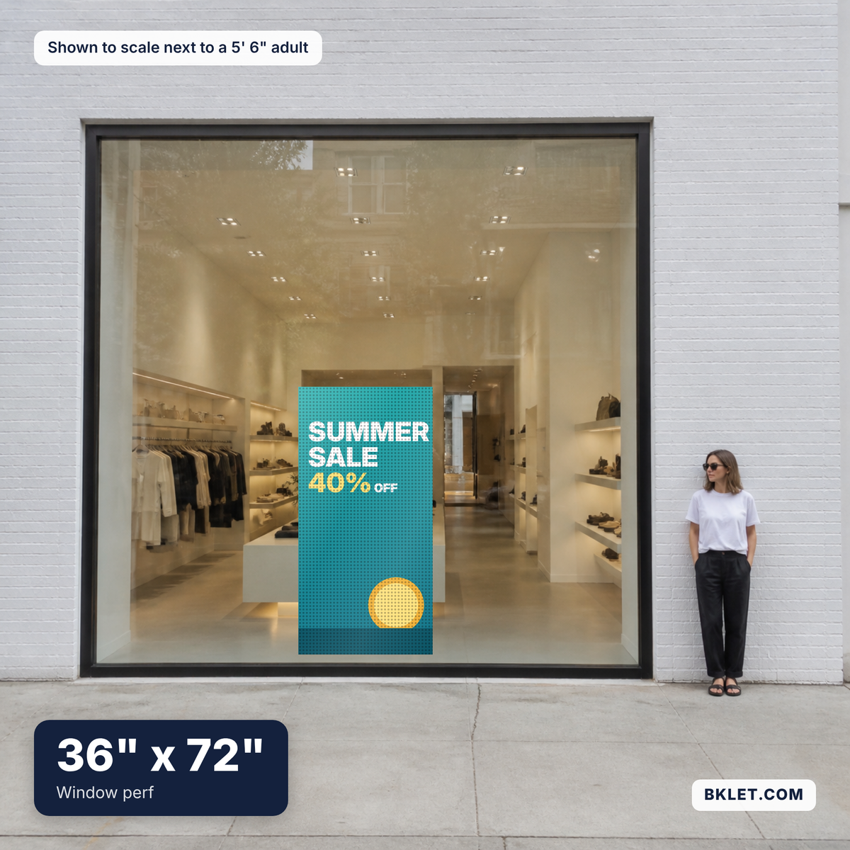 Window perf, 36" x 72", shown to scale next to an adult