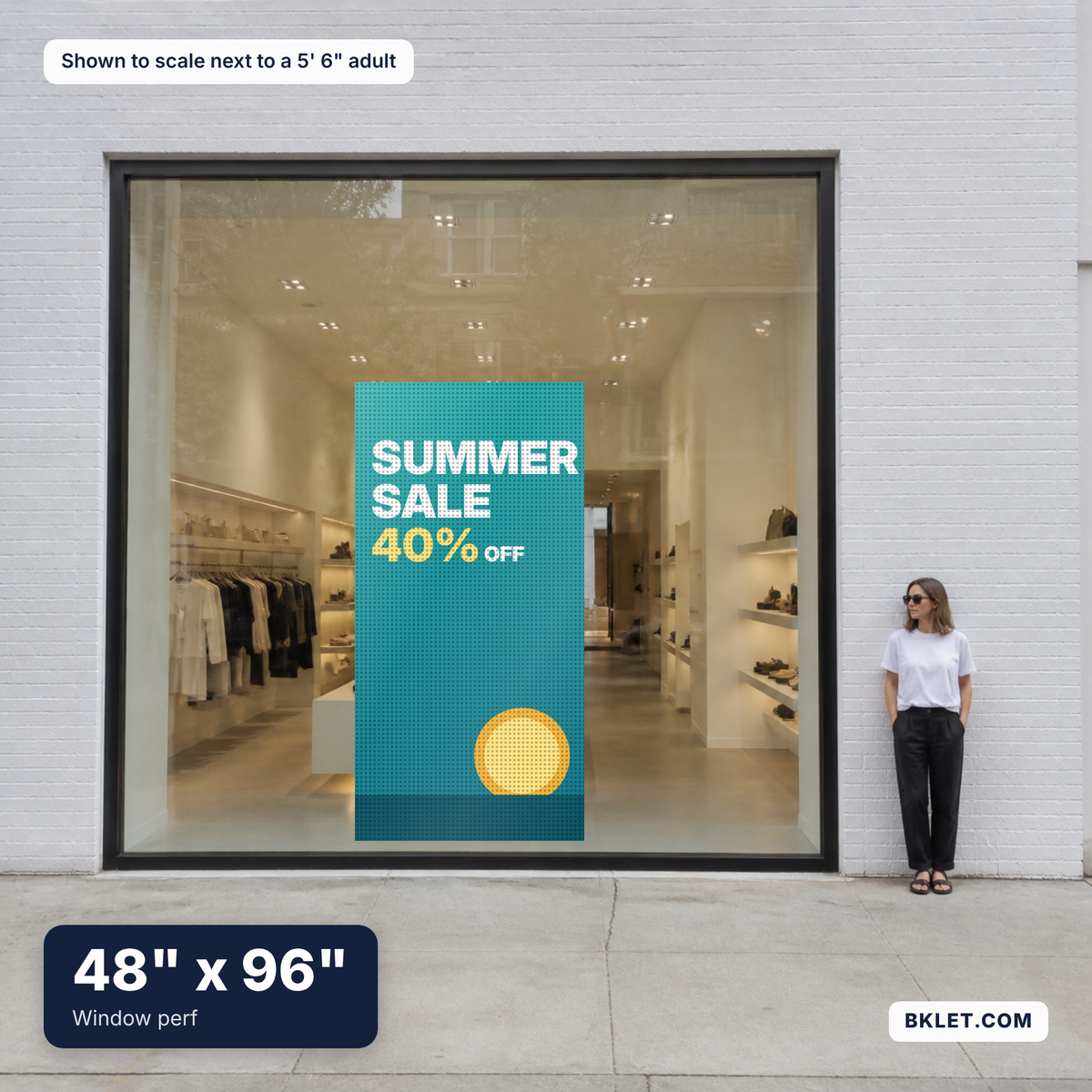Window perf, 48" x 96", shown to scale next to an adult