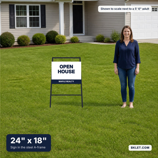 24 x 18 inch sign in a steel A-frame, shown to scale next to an adult