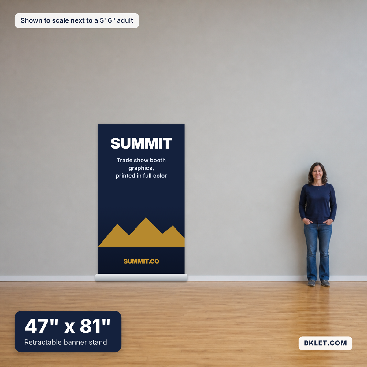 Retractable banner stand, 47" x 81", shown to scale next to an adult