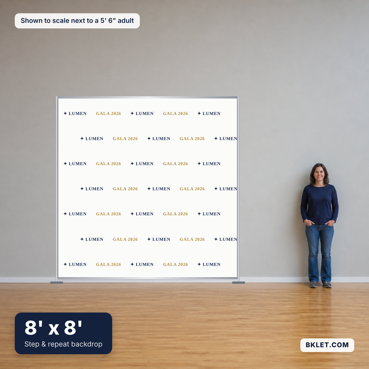 Step & repeat backdrop, 8' x 8', shown to scale next to an adult