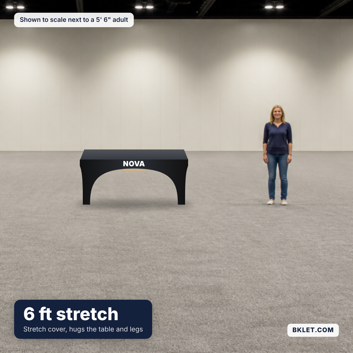 Stretch cover on a 6 ft table, shown to scale next to an adult
