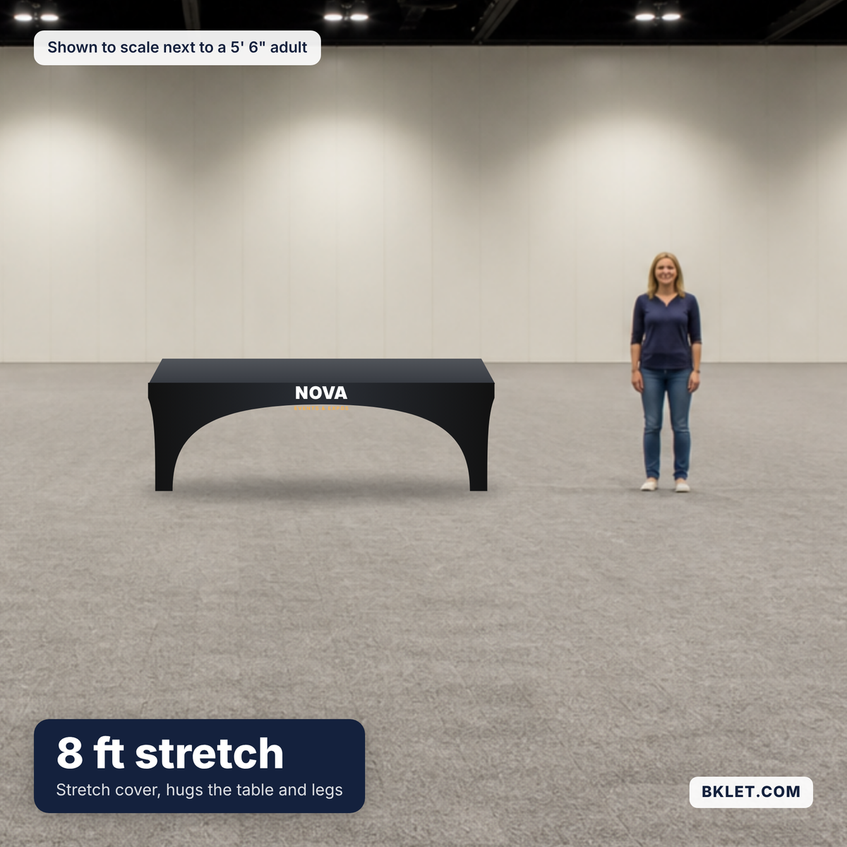 Stretch cover on an 8 ft table, shown to scale next to an adult