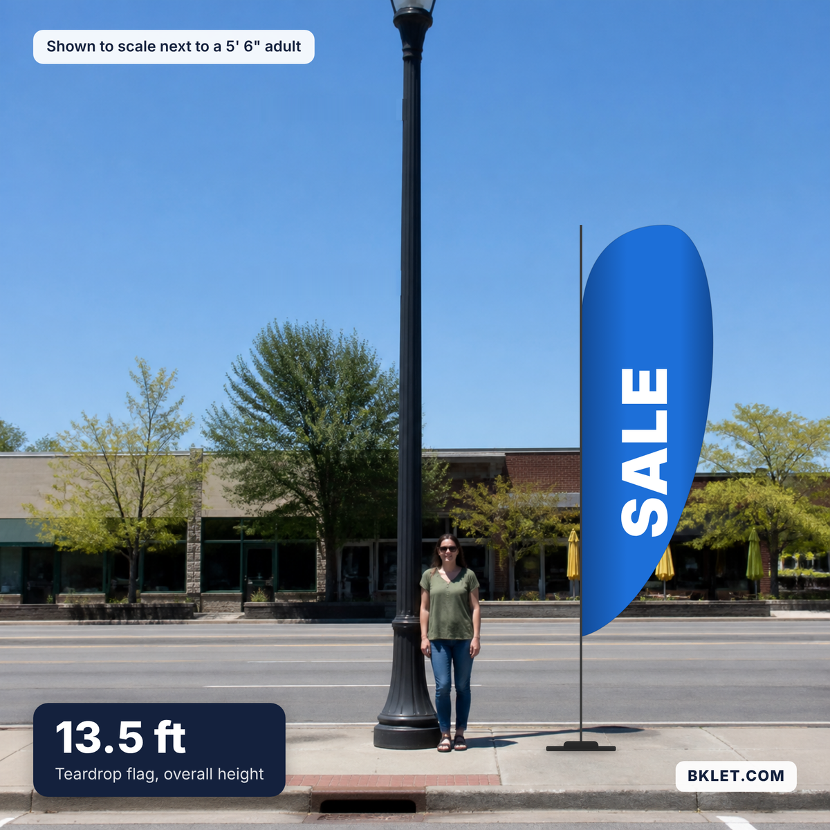 Teardrop flag, 13.5 ft overall, shown to scale next to an adult