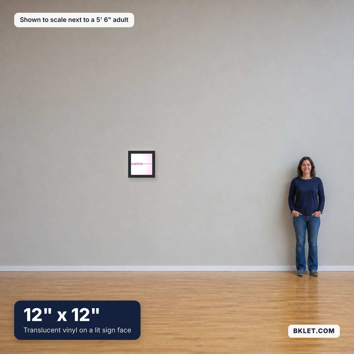 12 x 12 in shown to scale next to an adult