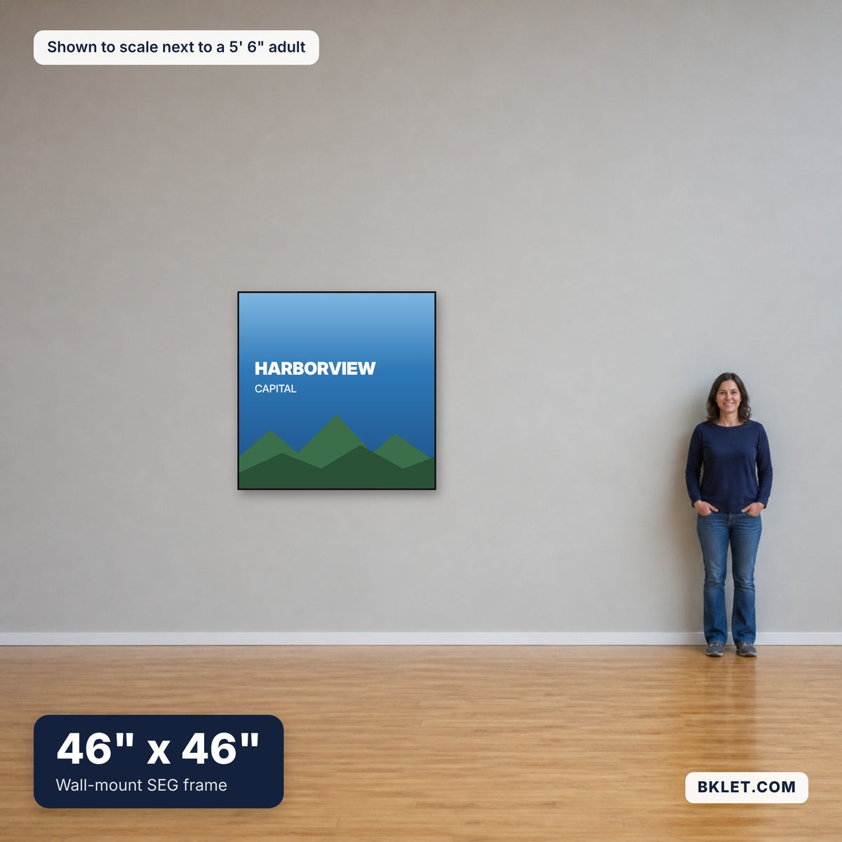 46 x 46 in shown to scale next to an adult