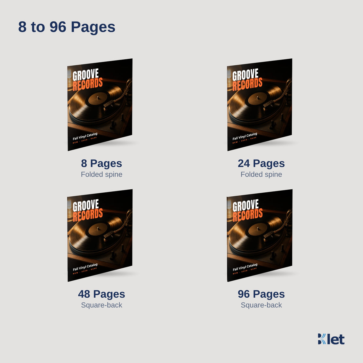 12 x 12 square booklets with 8, 24, 48 and 96 pages: folded spine up to 36 pages, square-back from 40
