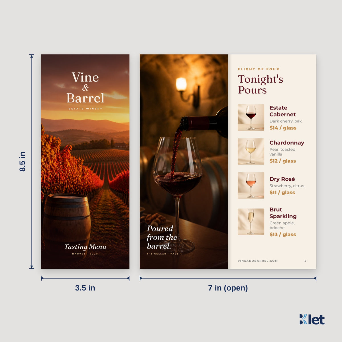 3.5 x 8.5 booklet size: 3.5 x 8.5 in closed, opens flat to 7 x 8.5 in