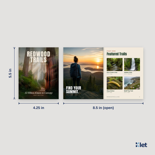 4.25 x 5.5 booklet size: 4.25 x 5.5 in closed, opens flat to 8.5 x 5.5 in