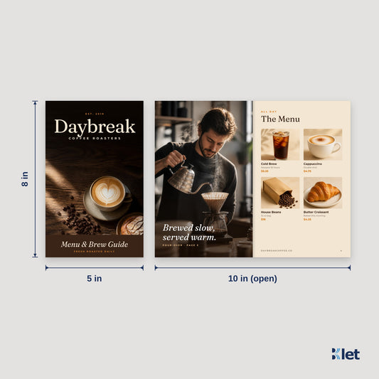 5 x 8 booklet size: 5 x 8 in closed, opens flat to 10 x 8 in