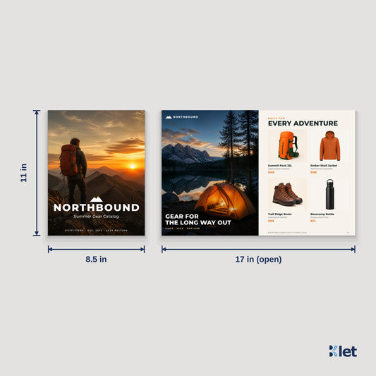 8.5 x 11 booklet size: 8.5 x 11 in closed, opens flat to 17 x 11 in