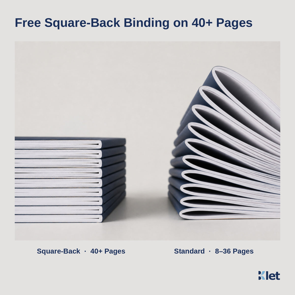 Free square-back saddle stitch on booklets with 40 or more pages, next to standard folded spines