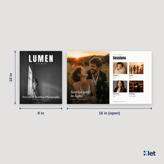 8 x 10 booklet size: 8 x 10 in closed, opens flat to 16 x 10 in