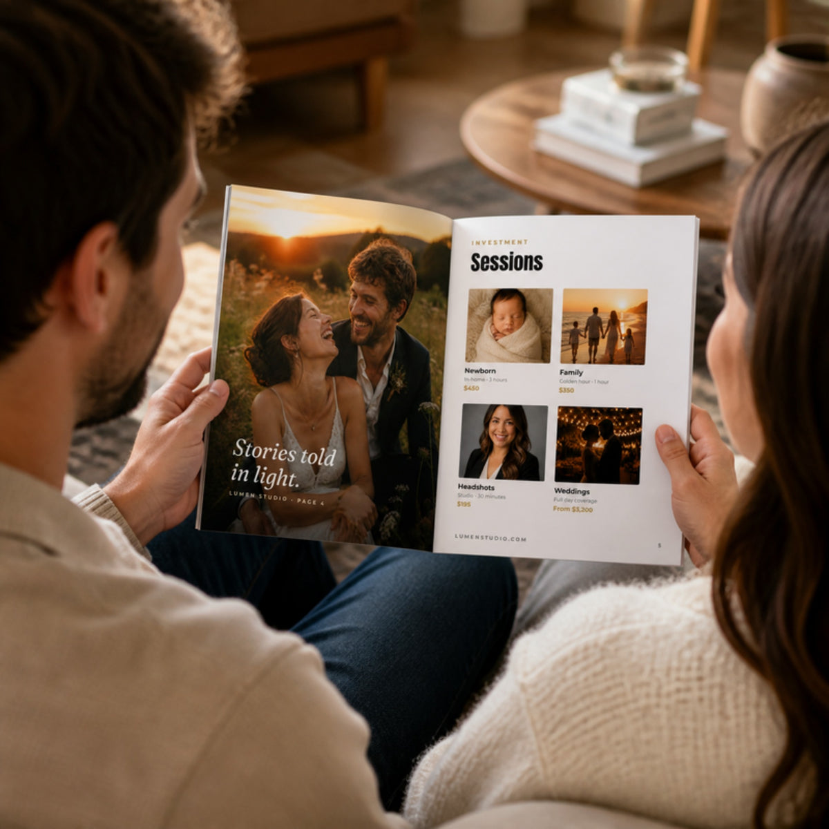 Couple looking through an open 8 x 10 photography pricing guide on a sofa