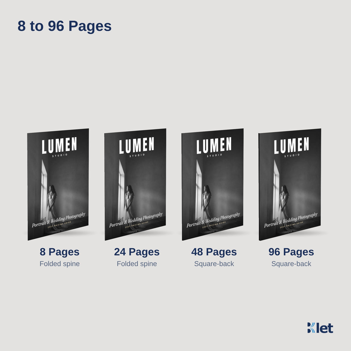 8 x 10 booklets with 8, 24, 48 and 96 pages: folded spine up to 36 pages, square-back from 40